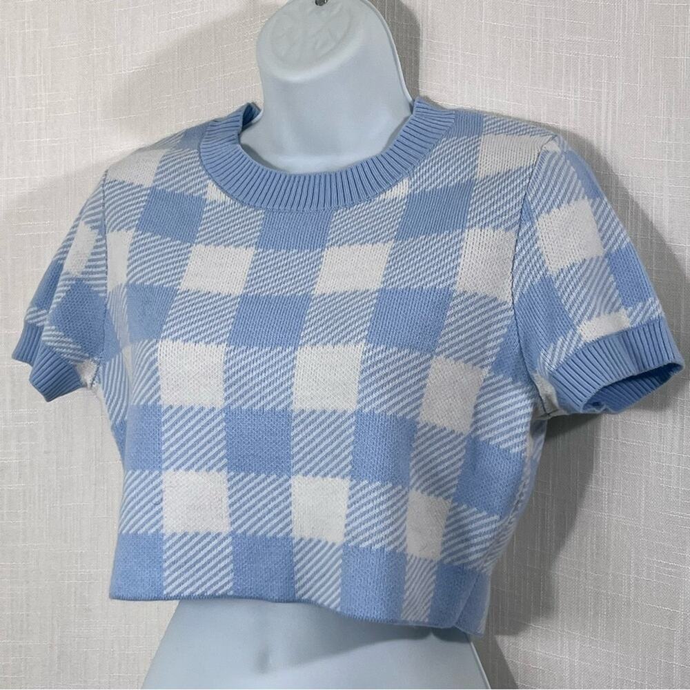 H&M Cropped Plaid Short Sleeve Knit Sweater Top Sz M - Picture 5 of 16